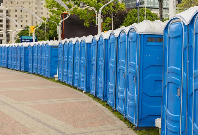 a line of portable restrooms at an outdoor wedding, catering to guests with style and comfort in Cranbury